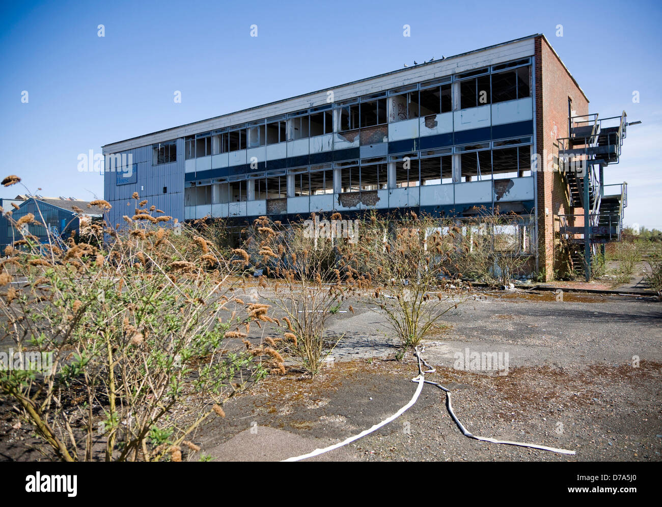 Vandalised derelict office building Chalkwell House, Brantham, Suffolk
