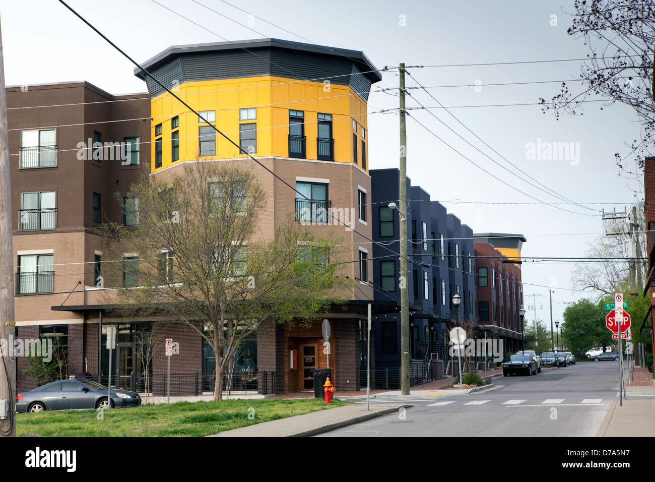 A view of modern buildings in the Germantown area of Nashville in