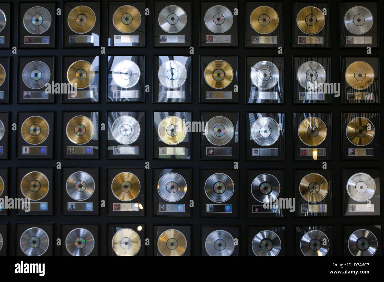 A display of gold, silver and platinum records at the Country Music Hall of Fame and Museum in Nashville, Tenessee Stock Photo
