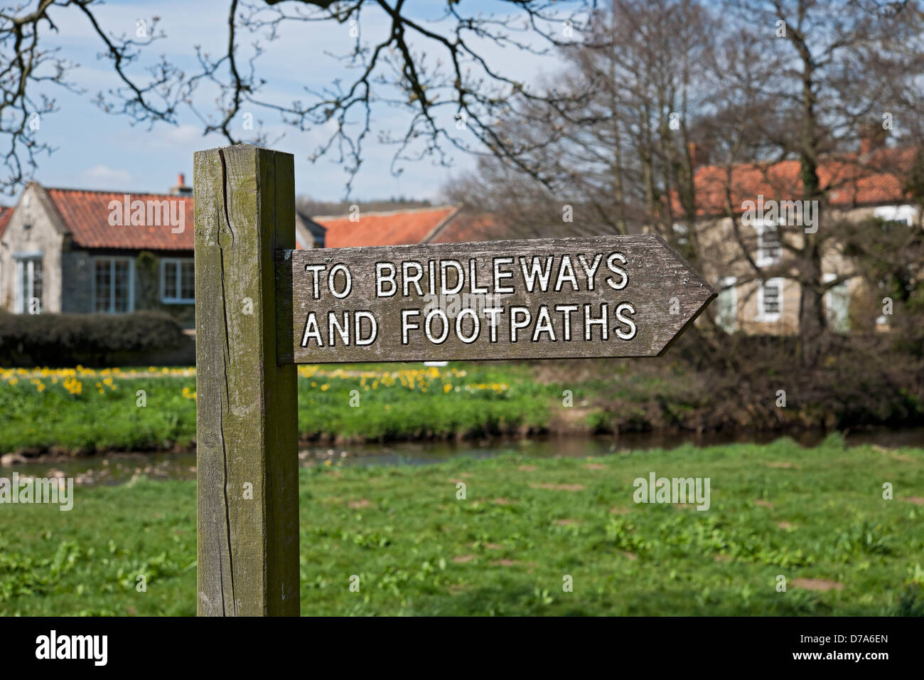 Close up of wooden signpost sign pointing to bridleways and footpaths footpath Sinnington North Yorkshire England UK United Kingdom GB Great Britain Stock Photo