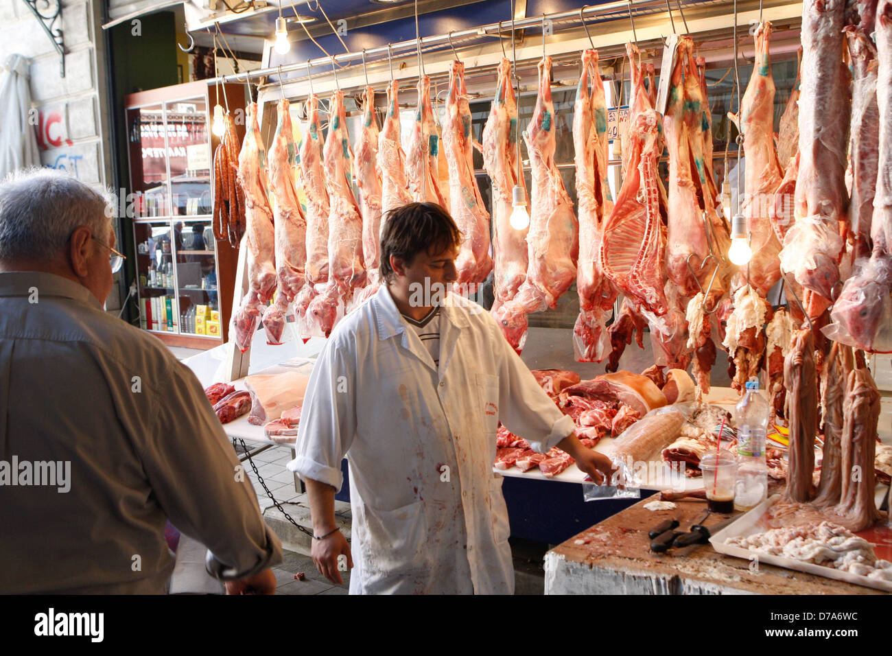 Athens, Greece. May 2, 2013. People browse the main meat market in
