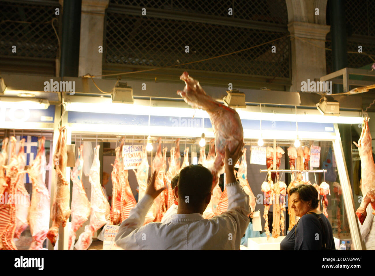 Athens, Greece. May 2, 2013. People browse the main meat market in