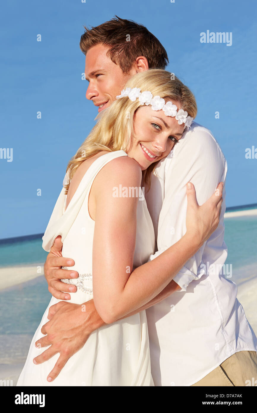 Couple At Beautiful Beach Wedding Stock Photo