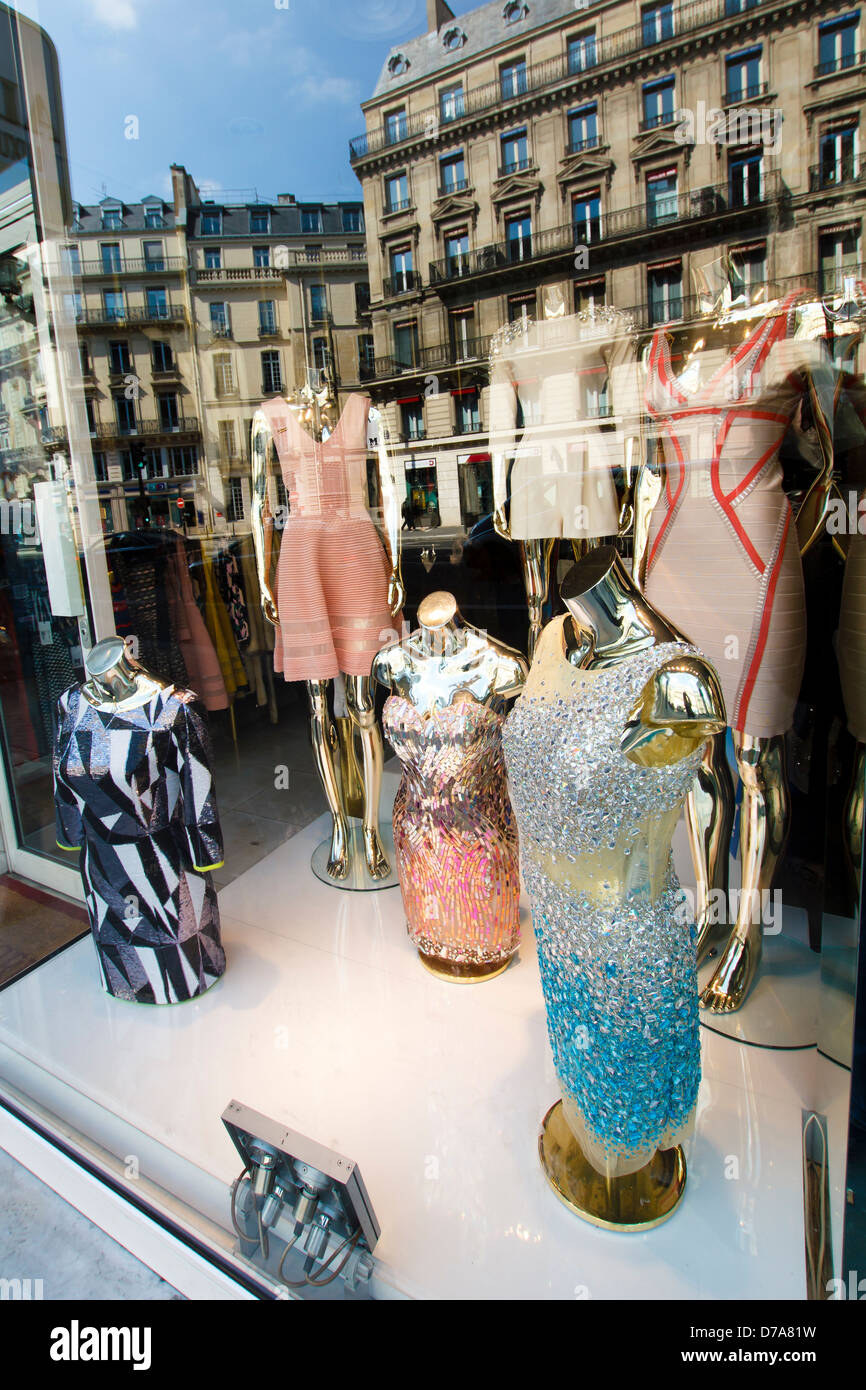 Fashionable dresses in the window display at avenue de l'Opéra in Paris, France Stock Photo