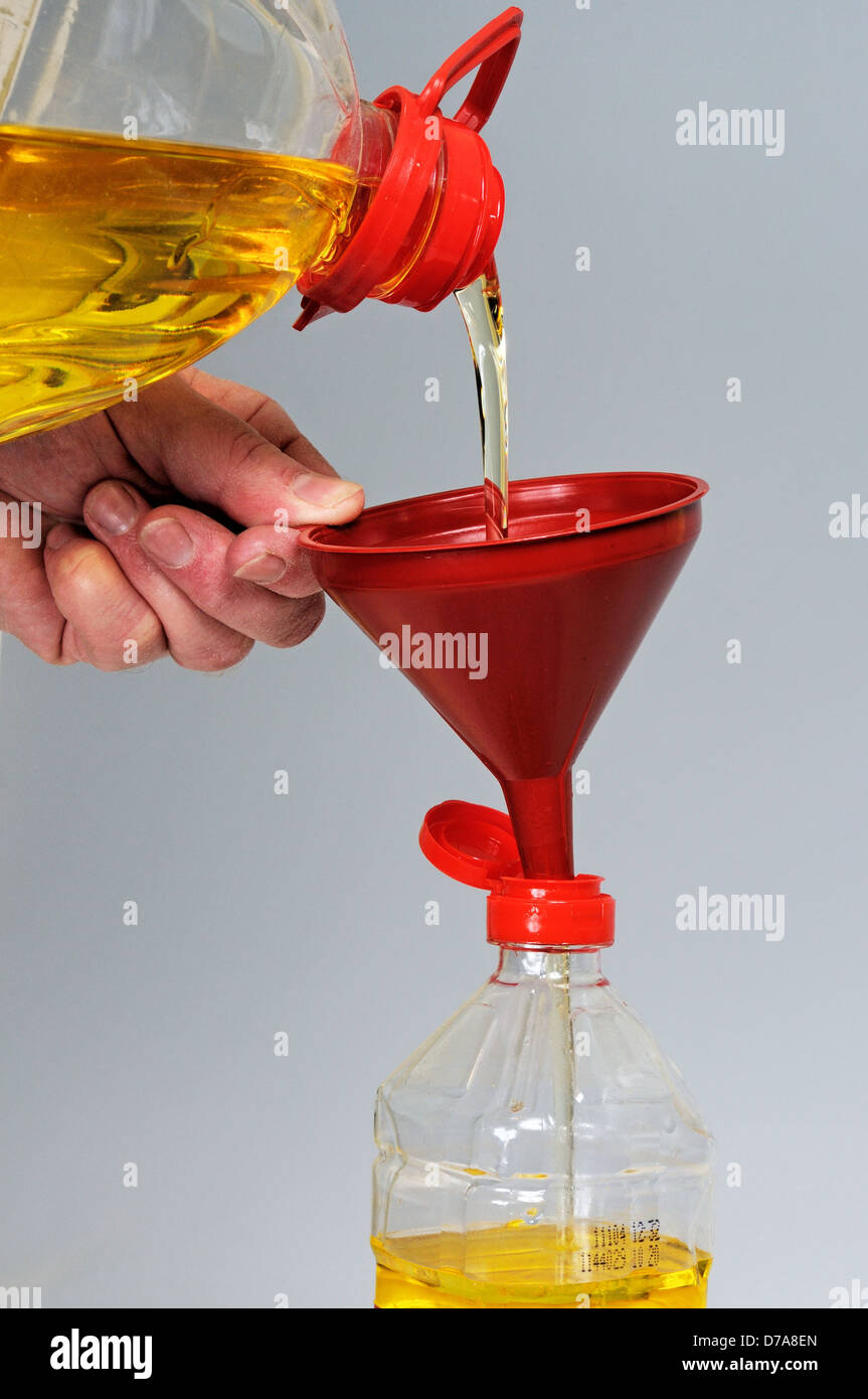 Pouring olive oil through a funnel into a smaller bottle, Andalucia