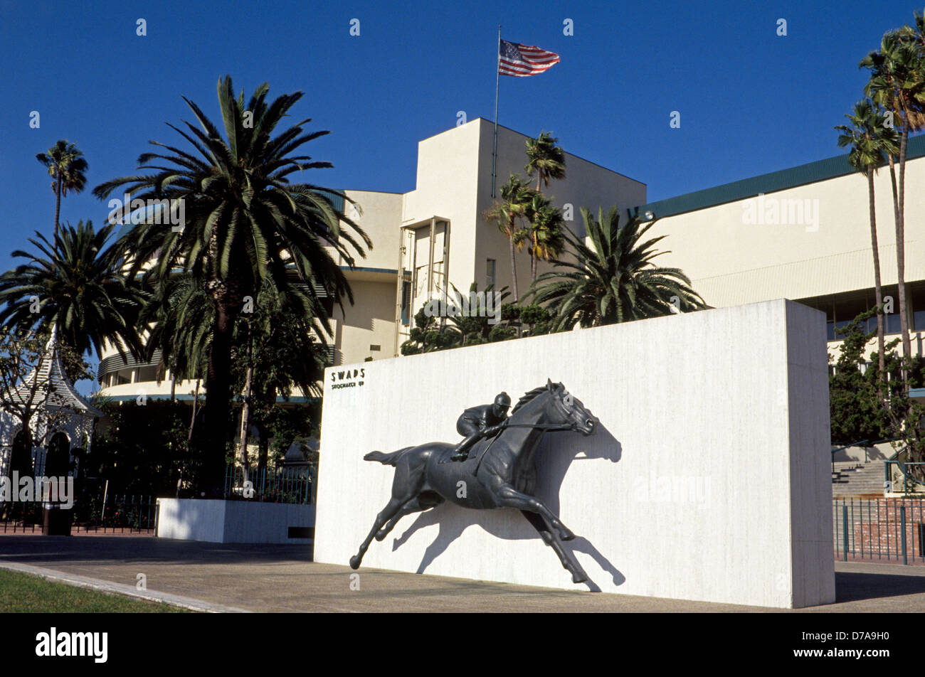 A sculpture of famed racehorse Swaps and jockey Willie Shoemaker once greeted visitors to Hollywood Park Racetrack in Los Angeles, California, USA. Stock Photo