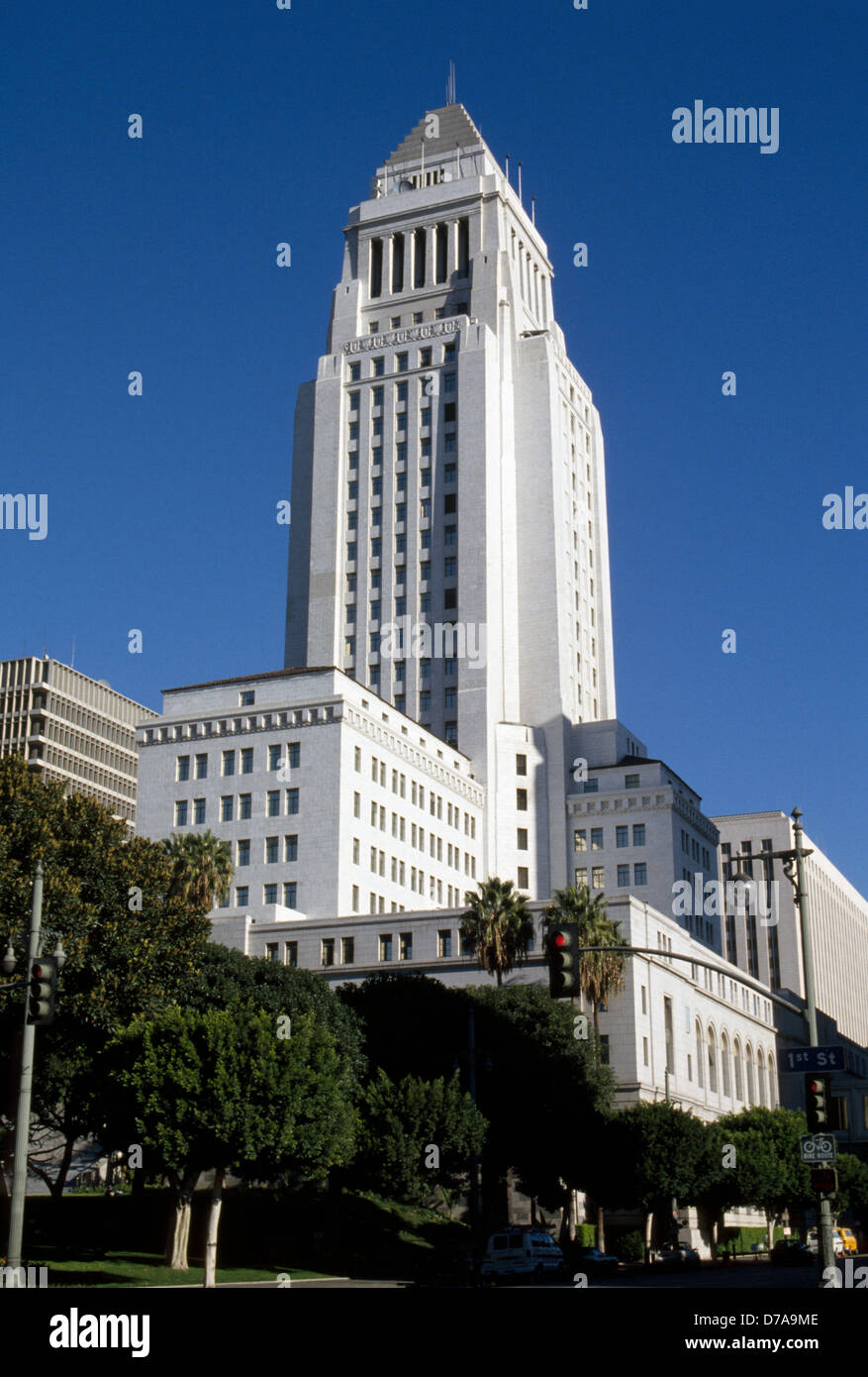 The iconic 1928 Los Angeles City Hall with its pyramid top rises in the Civic Center district of downtown Los Angeles in Southern California, USA. Stock Photo