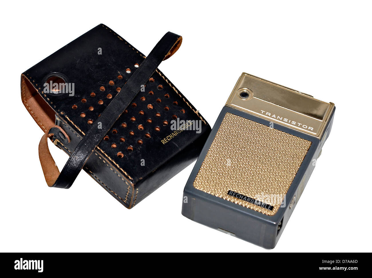 An old transistor radio with leather case. Stock Photo