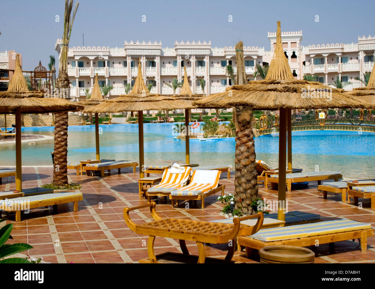 luxury egyptian resort hotel with pool and palm trees Stock Photo