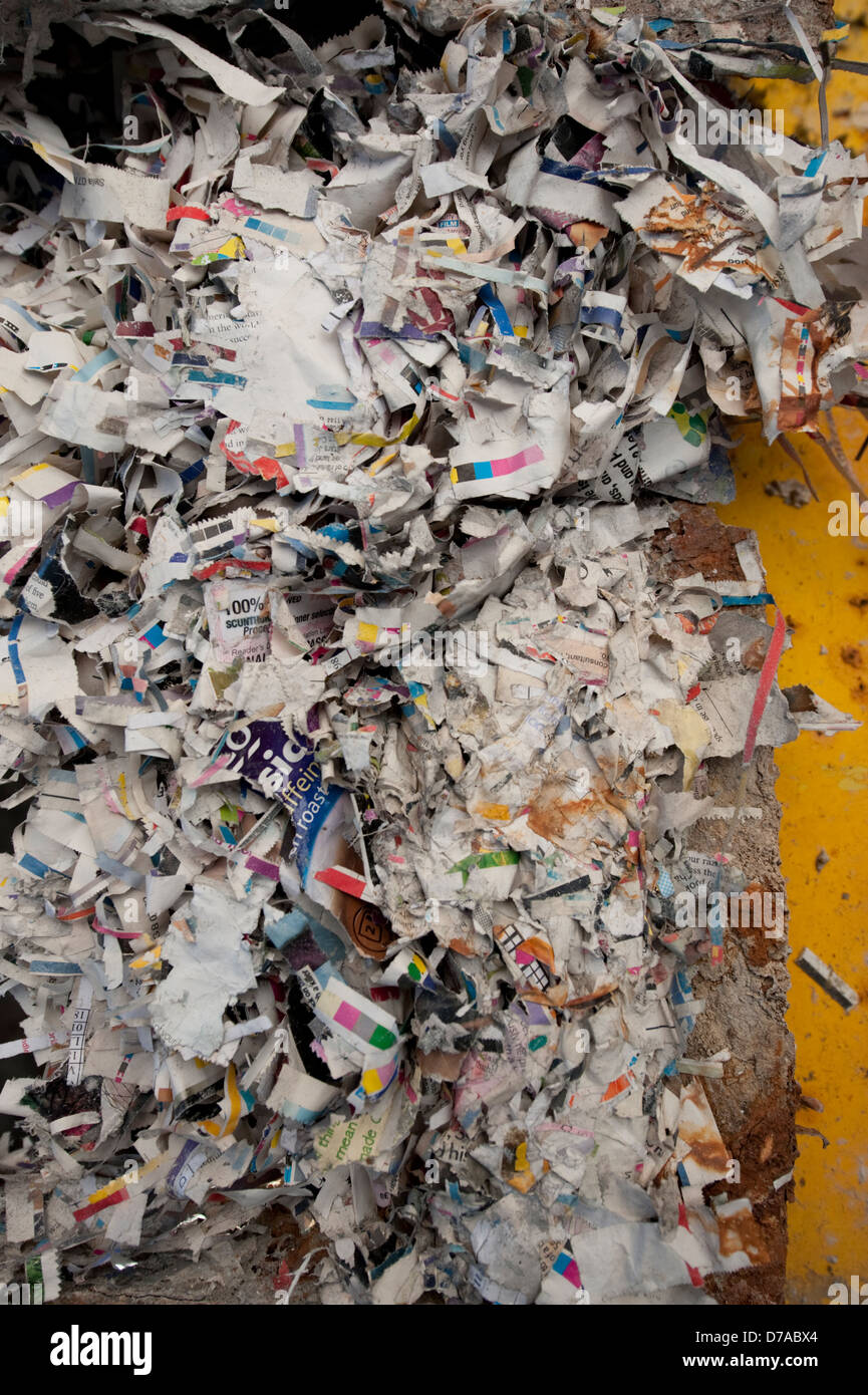 Shredded recycled paper at papermill Stock Photo