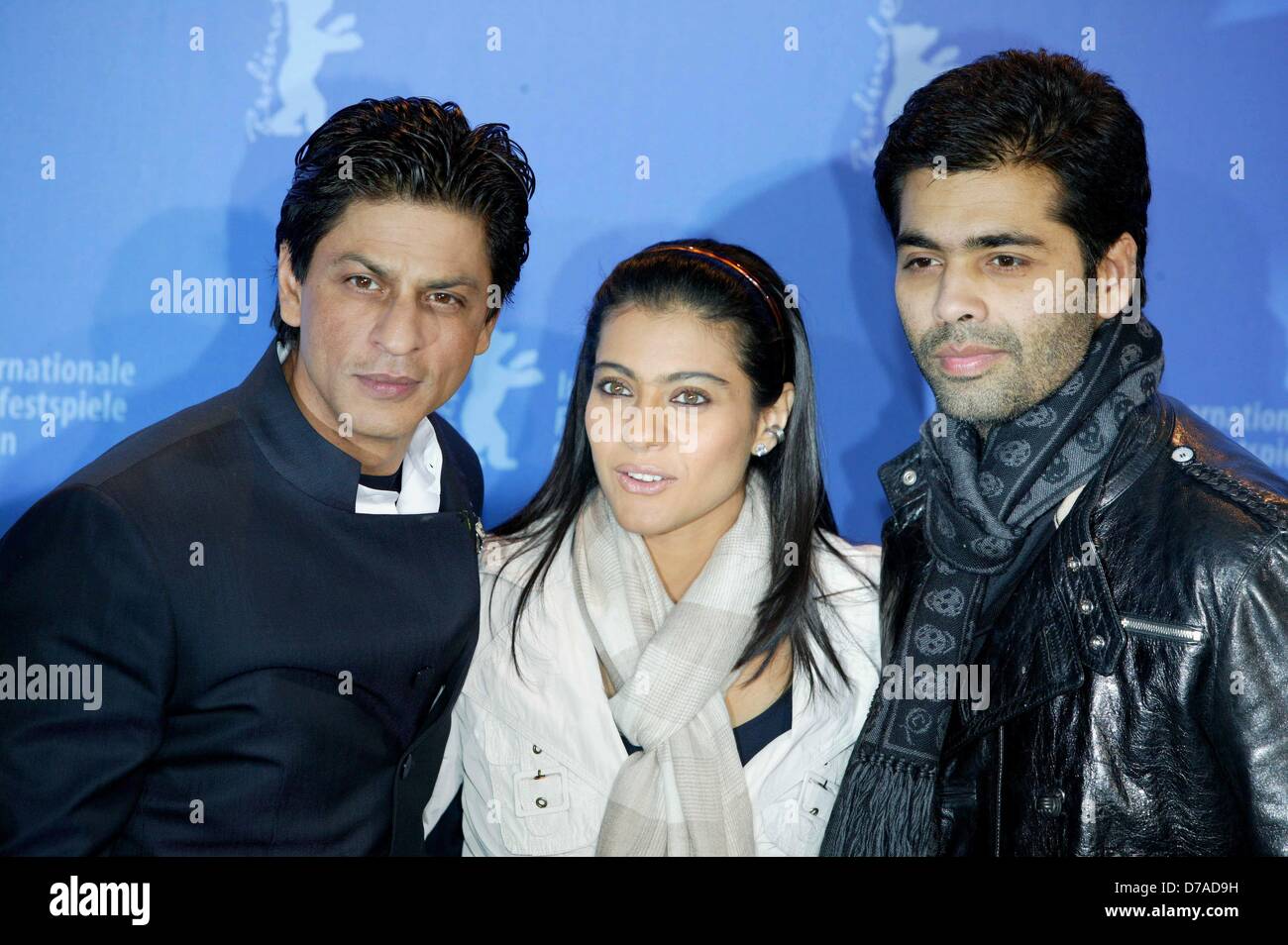 Shah Rukh Khan, Kajol Devgan and director Karan Johar (l-r) at the photocall of 'My Name is Khan' during the Berlinale in 2010 on the 12th of February in 2010. Stock Photo