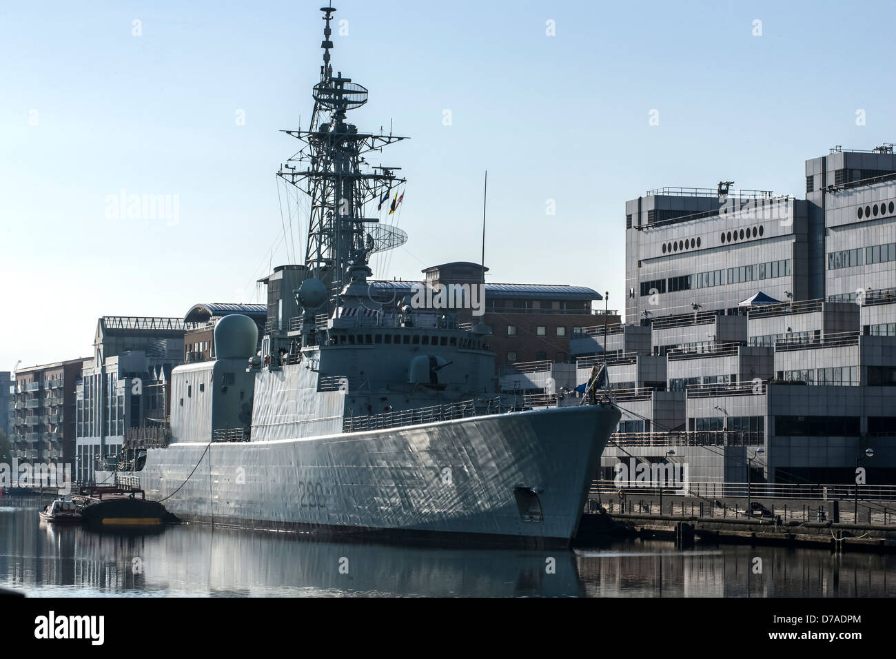 Royal Canadian Navy Ship Iroquis Berthed in South Dock Canary Wharf During a Courtesy Visit to London Stock Photo