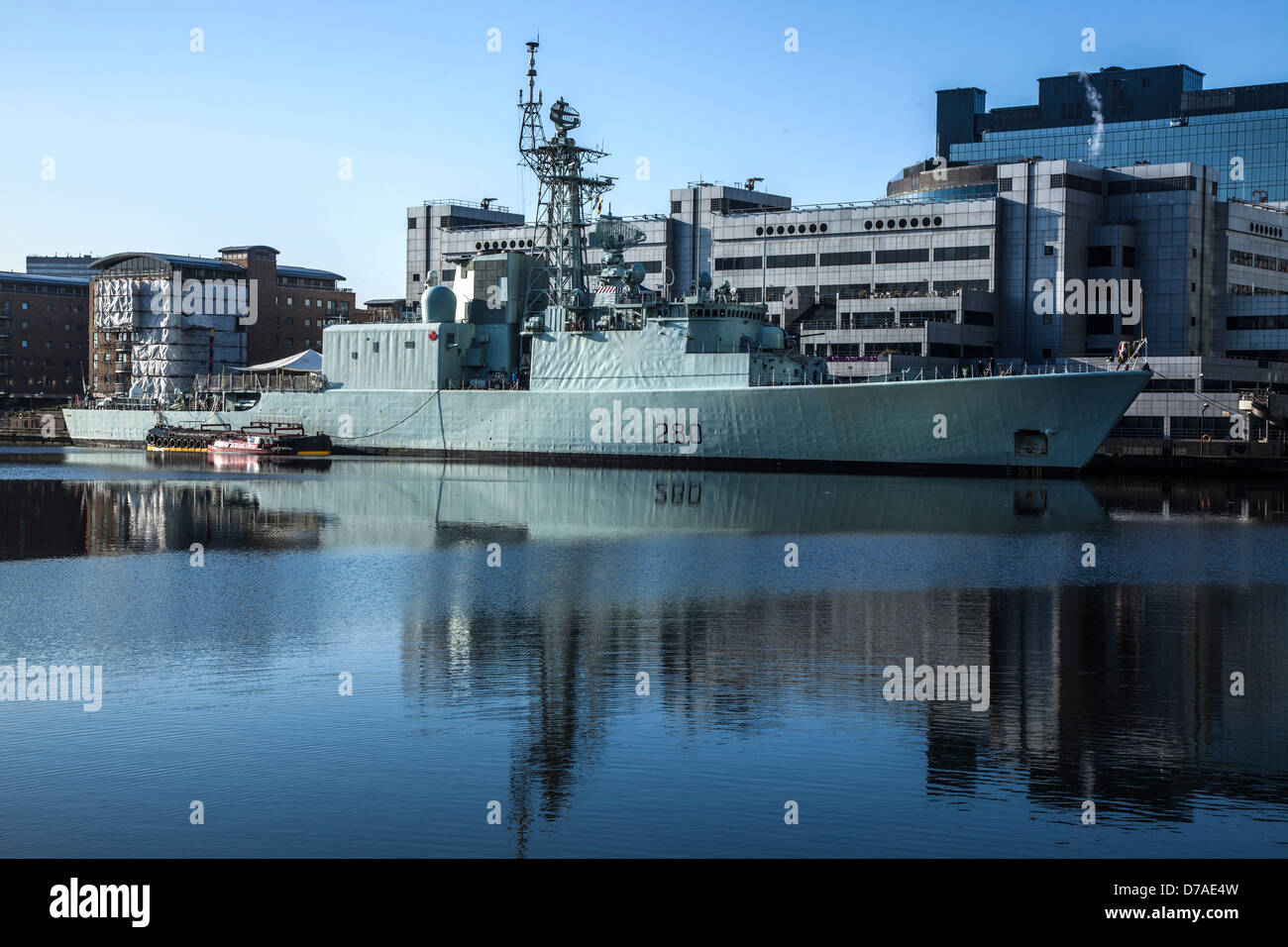 Royal Canadian Navy Ship Iroquis Berthed in South Dock Canary Wharf During a Courtesy Visit to London Stock Photo