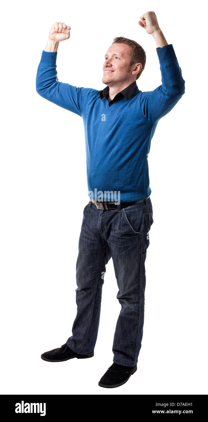 happy man hands up isolated on white Stock Photo