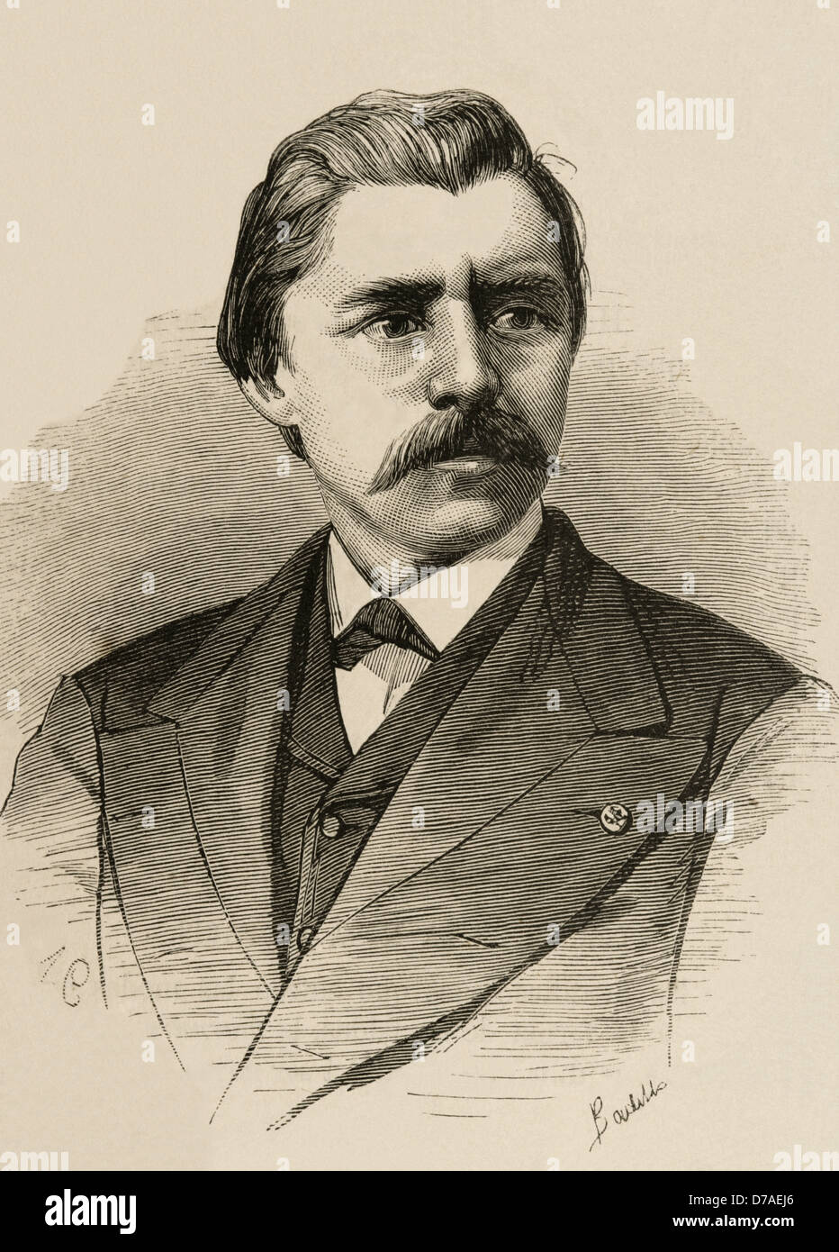 David Edward Hughes (1831 – 1900). Was a Welsh-American scientist and musician. Engraving by A. Carretero. Stock Photo