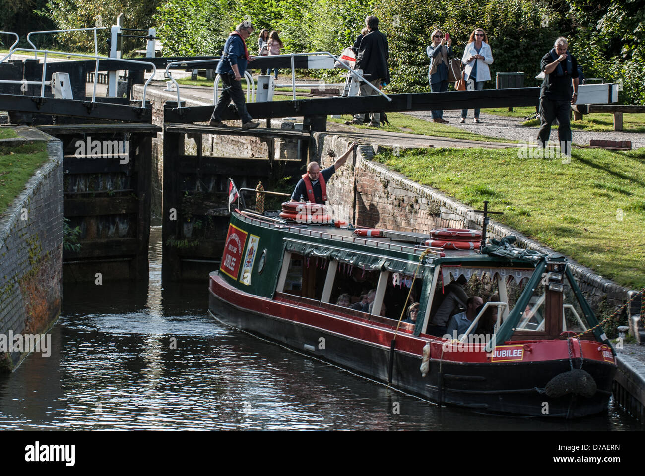 The barge 'Jubilee' leaving Newbury Town Lock on Kennet & Avon Canal Stock Photo