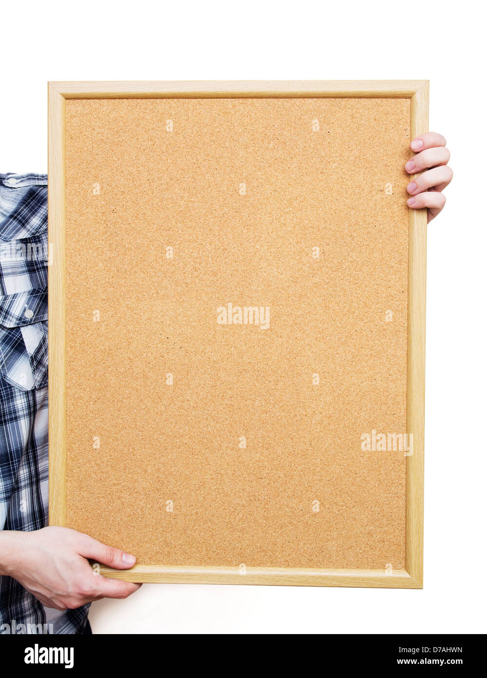 Man holding pin board on white background Stock Photo