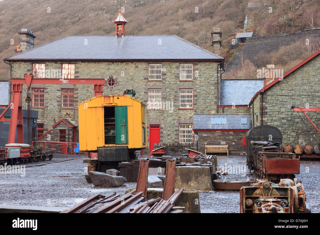 Old machinery in the Welsh National Slate Museum yard in Llanberis, Gwynedd, North Wales, UK, Britain Stock Photo