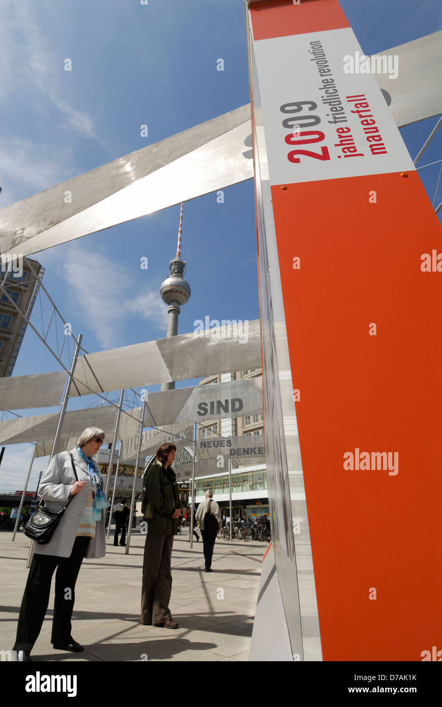 Exhibition on Alexanderplatz commemorating 20 years since the fall of the Berlin wall, Berlin Germany. Stock Photo