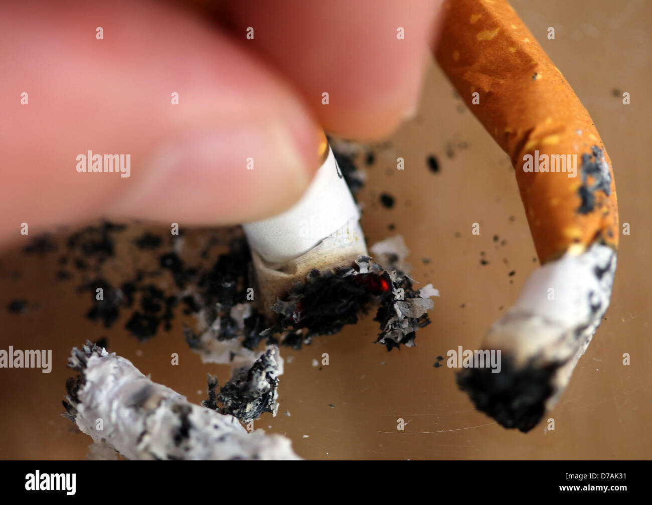 A man stubs out a cigarette in an ashtray in Cologne, Germany, 30 April 2013. Starting on 01 May, tighter restrictions on smoking will take effect in the German state of North Rhine-Westphalia. Smoking will be prohibited in restaurants, bars, party tents, in all public facilities, on playgrounds, in closed sports stadiums, in all types of cultural and leisure facilities and also in gaming halls. The new non-smoker protection laws will eliminate previous loopholes. Photo: Oliver Berg Stock Photo