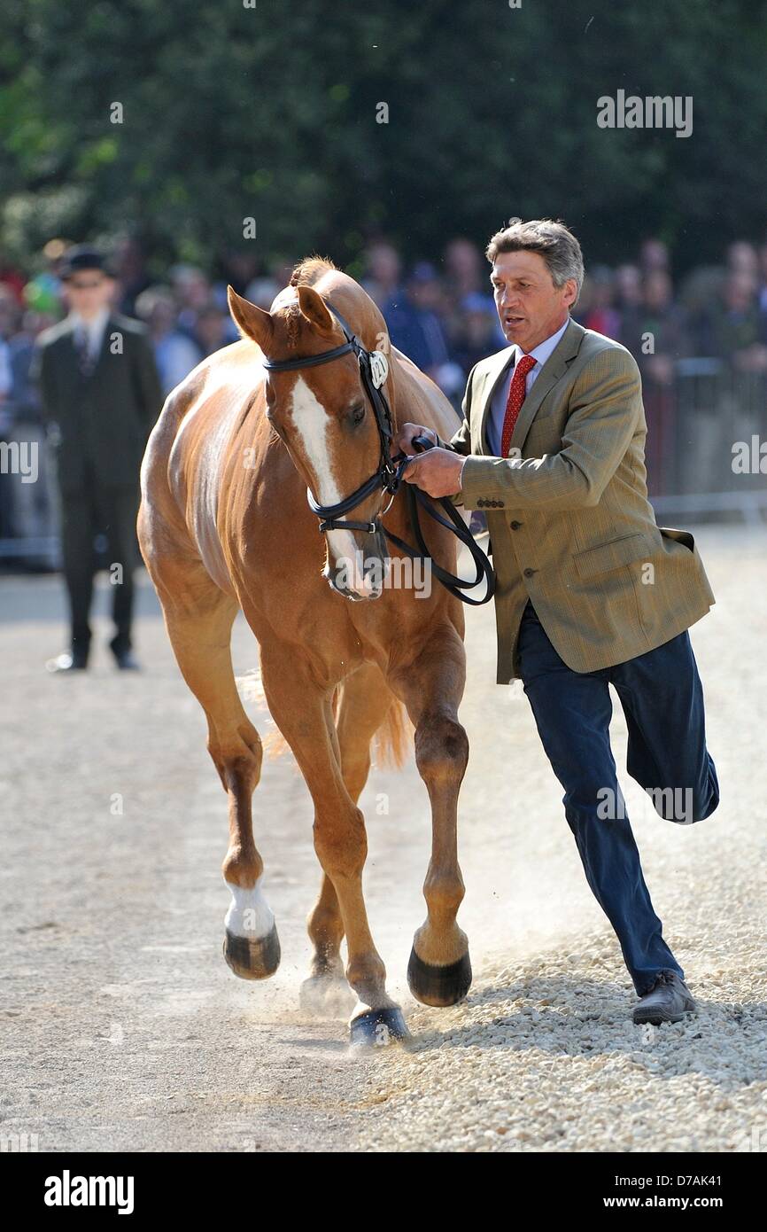 Badminton, UK. 2nd May 2013.  Andrew Nicholson [NZL] and Nereo trot up before the ground jury at the first horse inspection at The Mitsubishi Motors Badminton Horse Trials.  The Mitsubishi Motors Badminton Horse Trials take place between the 2nd and 6th of May 2013. Picture by Stephen Bartholomew/ Alamy Live News Stock Photo