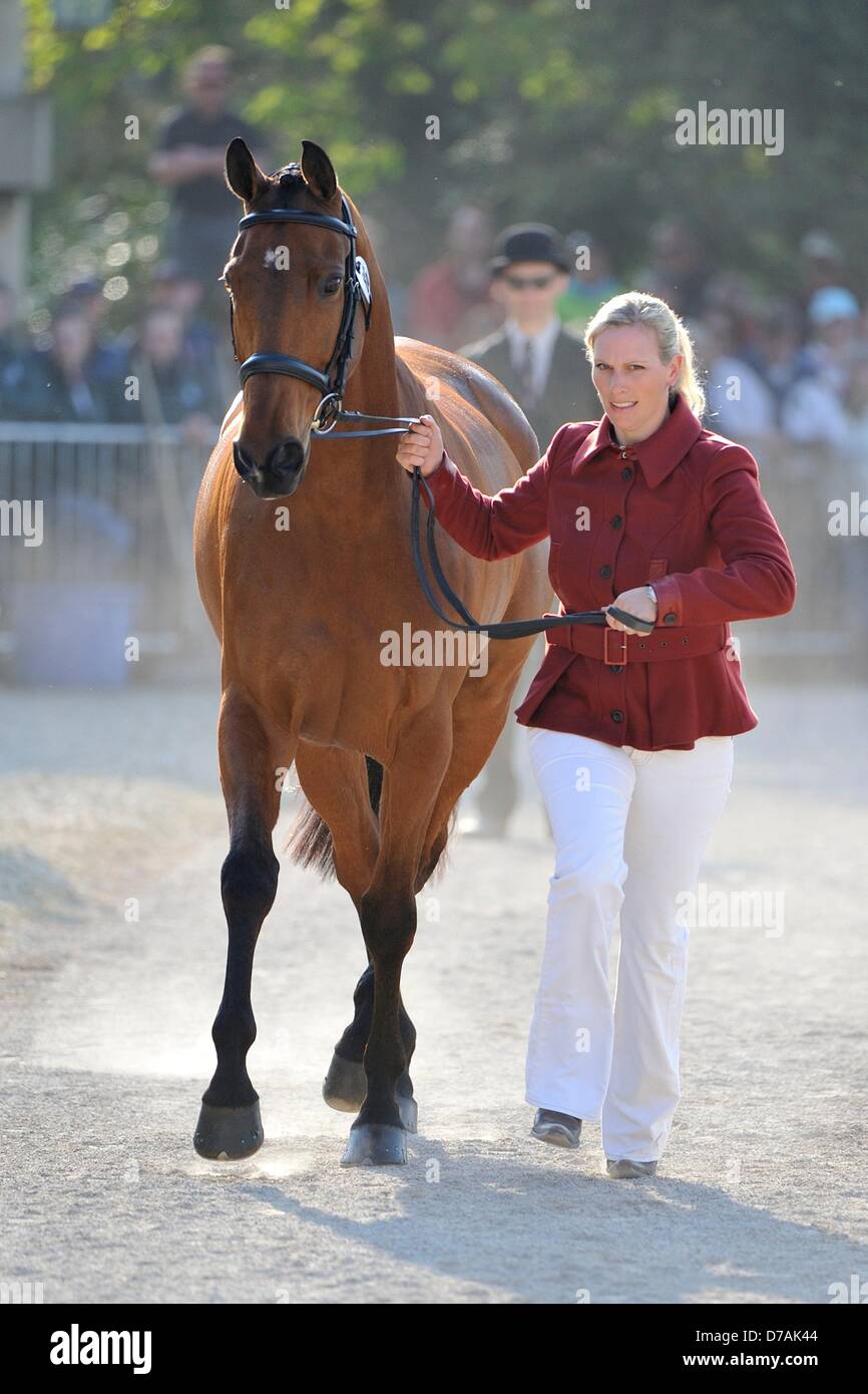 Badminton, UK. 2nd May 2013.  Zara Phillips [GBR] and High Kingdom trot up before the ground jury at the first horse inspection at The Mitsubishi Motors Badminton Horse Trials.  The Mitsubishi Motors Badminton Horse Trials take place between the 2nd and 6th of May 2013. Picture by Stephen Bartholomew/ Alamy Live News Stock Photo