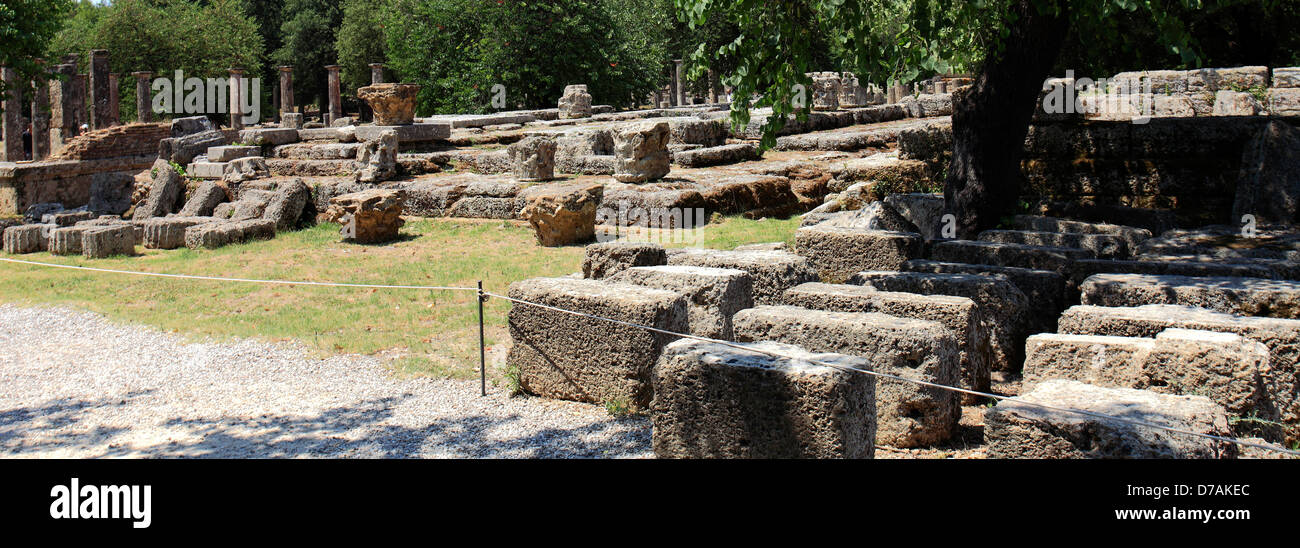 View of the Prytaneion Buildings at the ruined athletic centre of ancient Olympia, Mainland Greece, Europe. Stock Photo