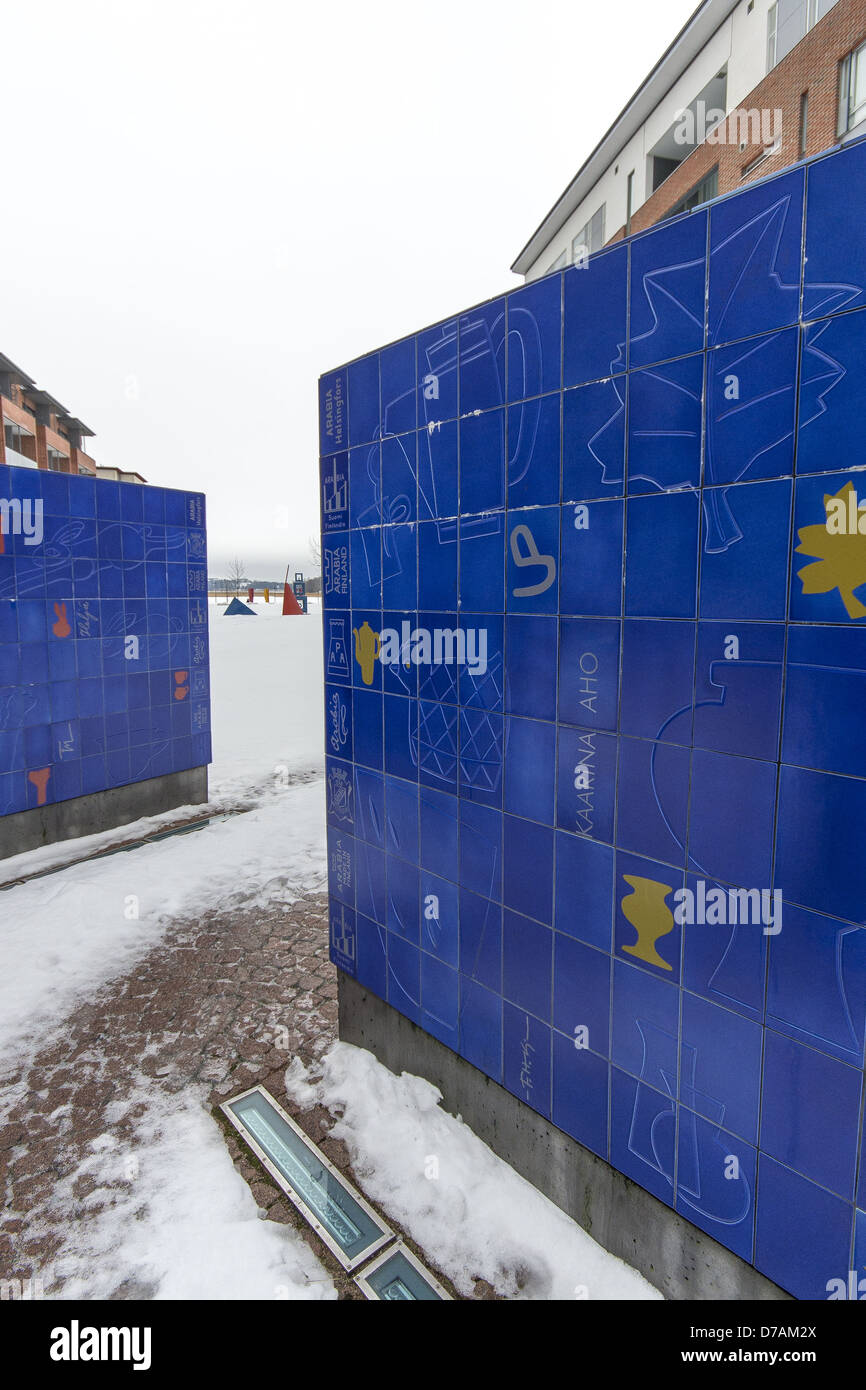 Blue tiled sculpture showing the Arabia factory stamps from the past ...