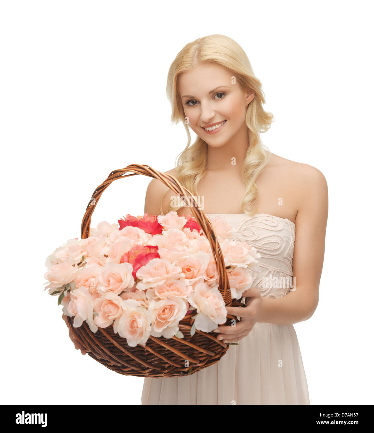 woman with basket full of flowers Stock Photo - Alamy