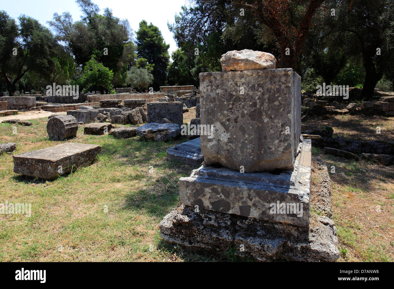 View of the Bouleuterion area at the ruined athletic centre of ancient Olympia, Mainland Greece, Europe. Stock Photo