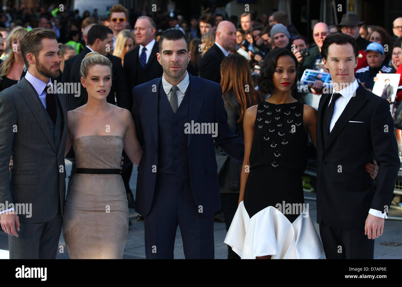 London, UK, 2nd May, 2013: (L-R) Actors Chris Pine, Alice Eve, Zachary Quinto, Zoe Saldana and Benedict Cumberbatch attend the U Stock Photo