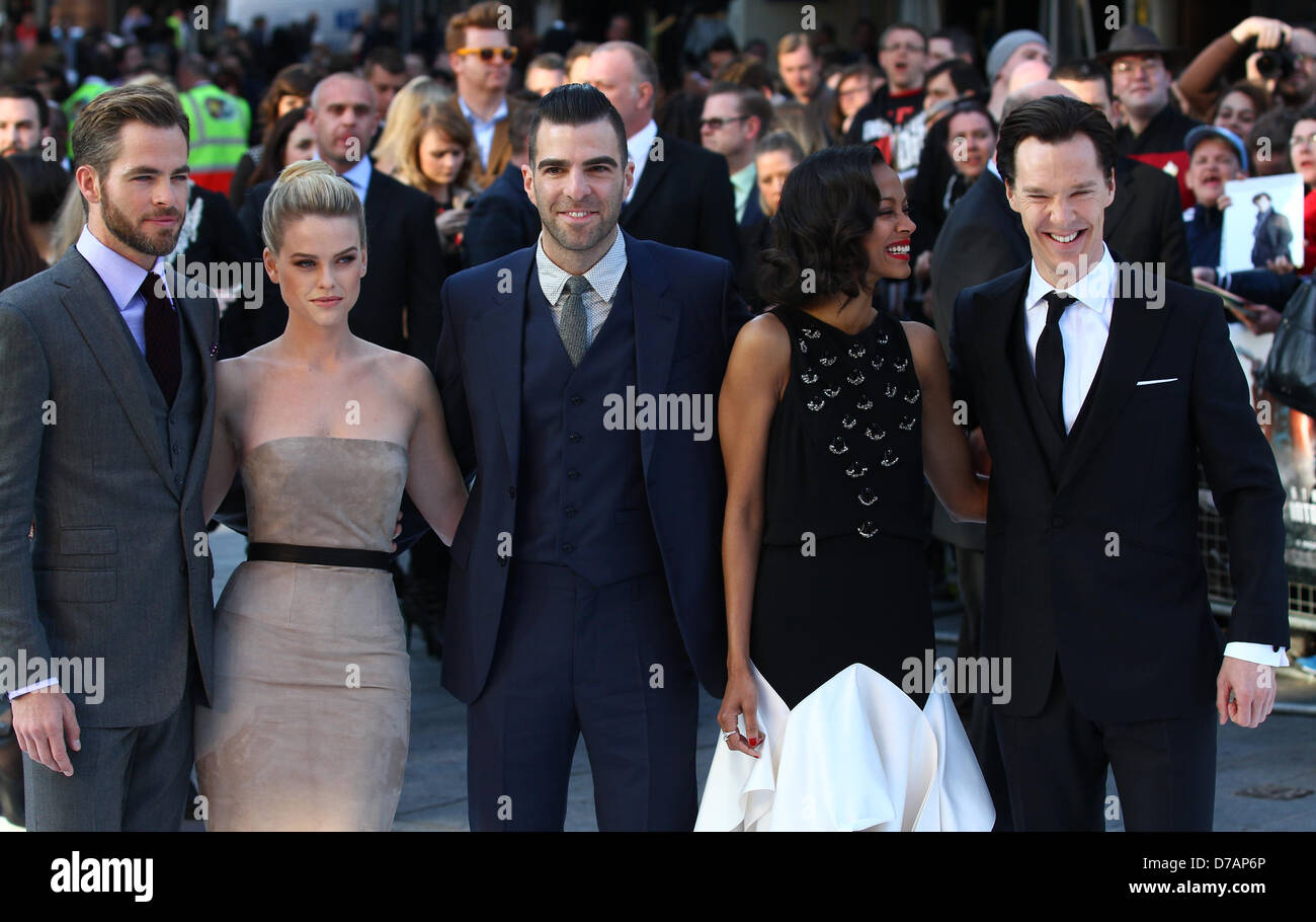 London, UK, 2nd May, 2013: (L-R) Actors Chris Pine, Alice Eve, Zachary Quinto, Zoe Saldana and Benedict Cumberbatch attend the U Stock Photo