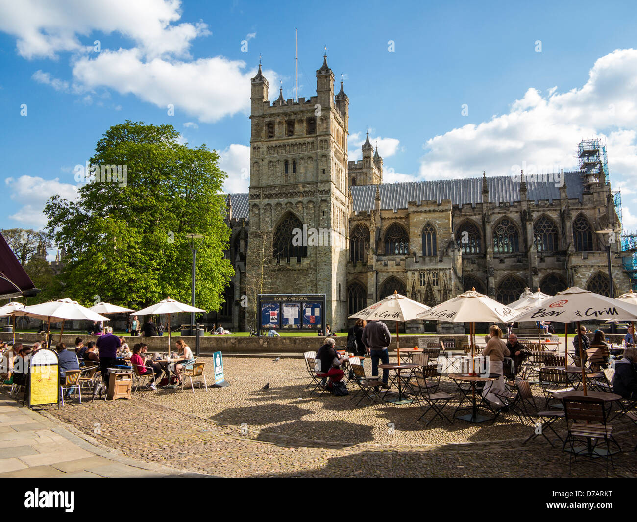 Exeter Cathedral Yard showing cathedral and cafes, Devon, England Stock Photo