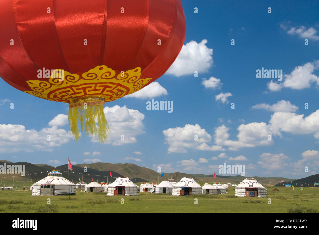 gers and Chinese lantern, Inner Mongolia, China Stock Photo