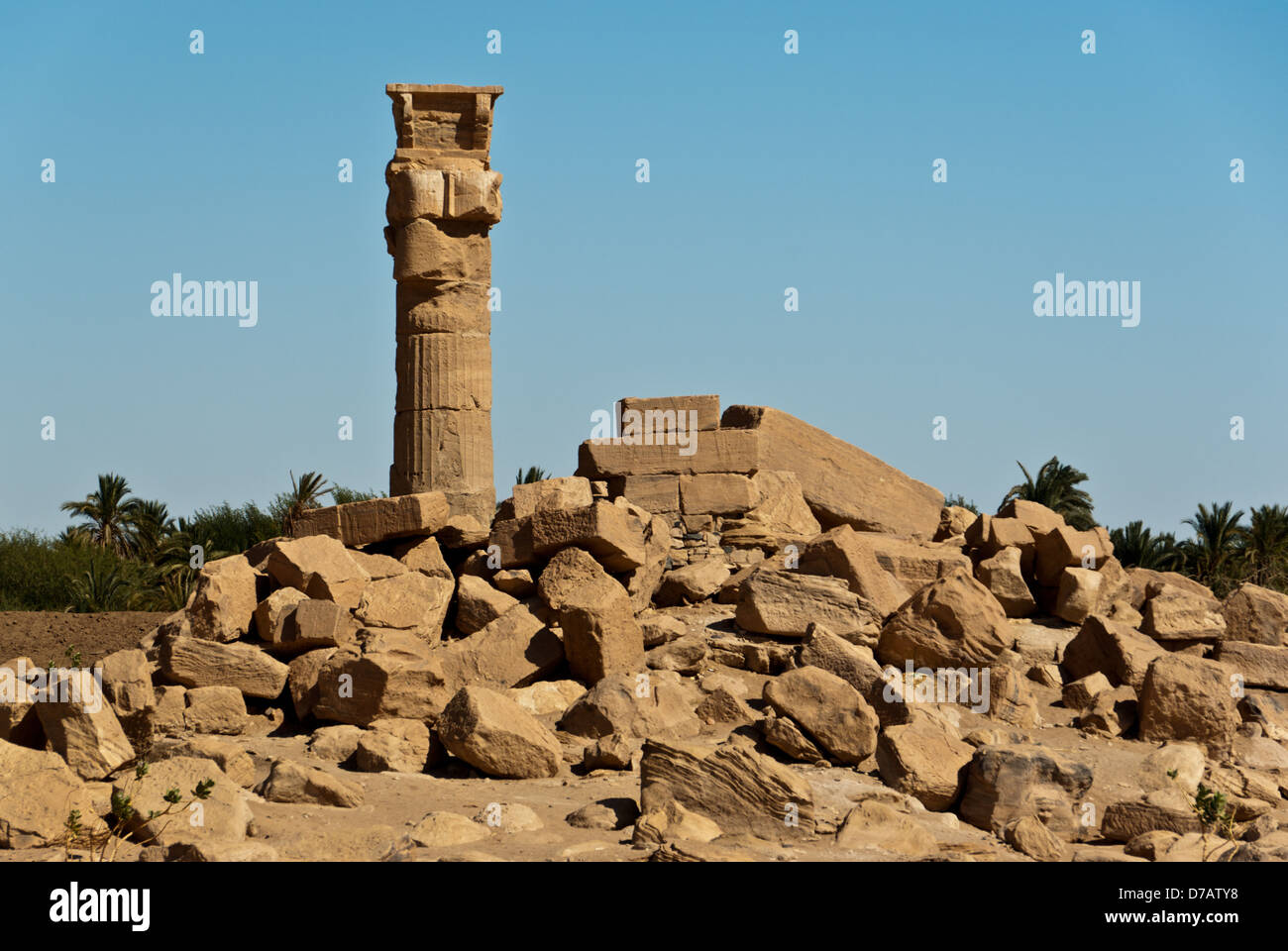 Lonely column among the ruins of Amenhotep III Sedeinga Temple dedicated to his Royal Consort Tiye, northern Sudan Stock Photo