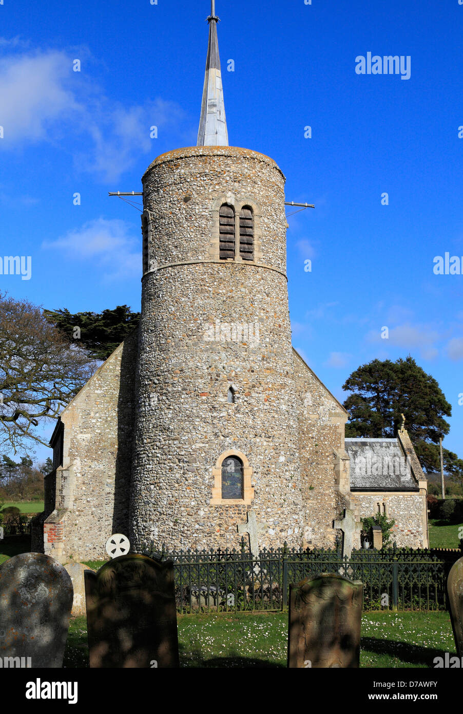 Titchwell, Norfolk, 12th century Round Tower,  England UK, English early medieval church towers, Saxon, Norman Stock Photo