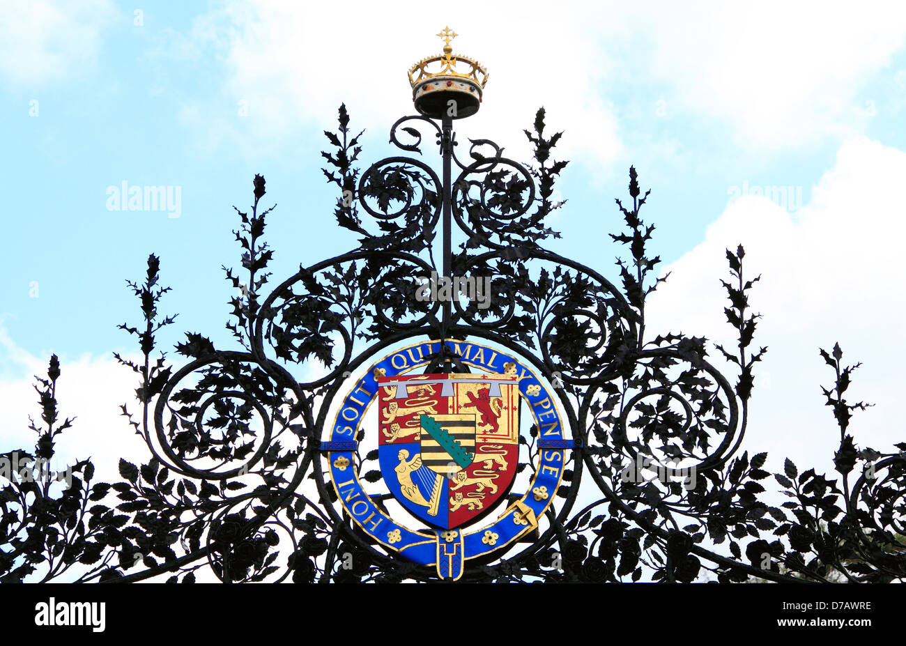 Norwich Gates, designed by Thomas Jekyll, Sandringham, Norfolk, detail of Royal Coat of Arms, England UK Stock Photo