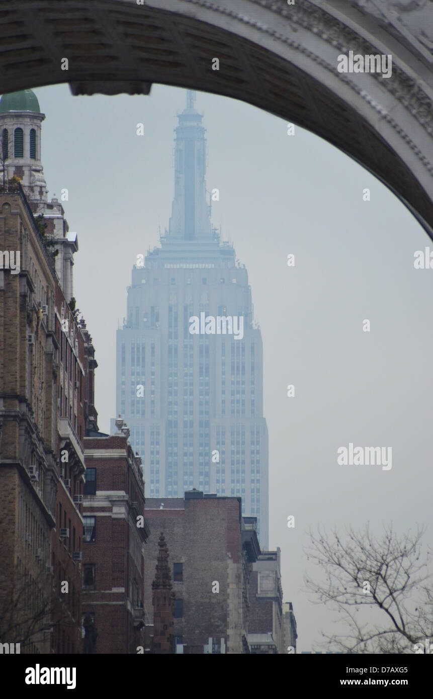 The Empire State Building as seen through the Washington arch Stock Photo