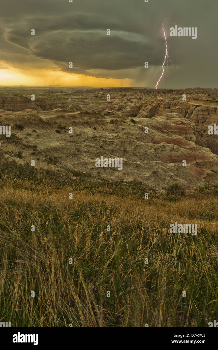 Lightning strike over badlands national park; south dakota usa Stock Photo Alamy