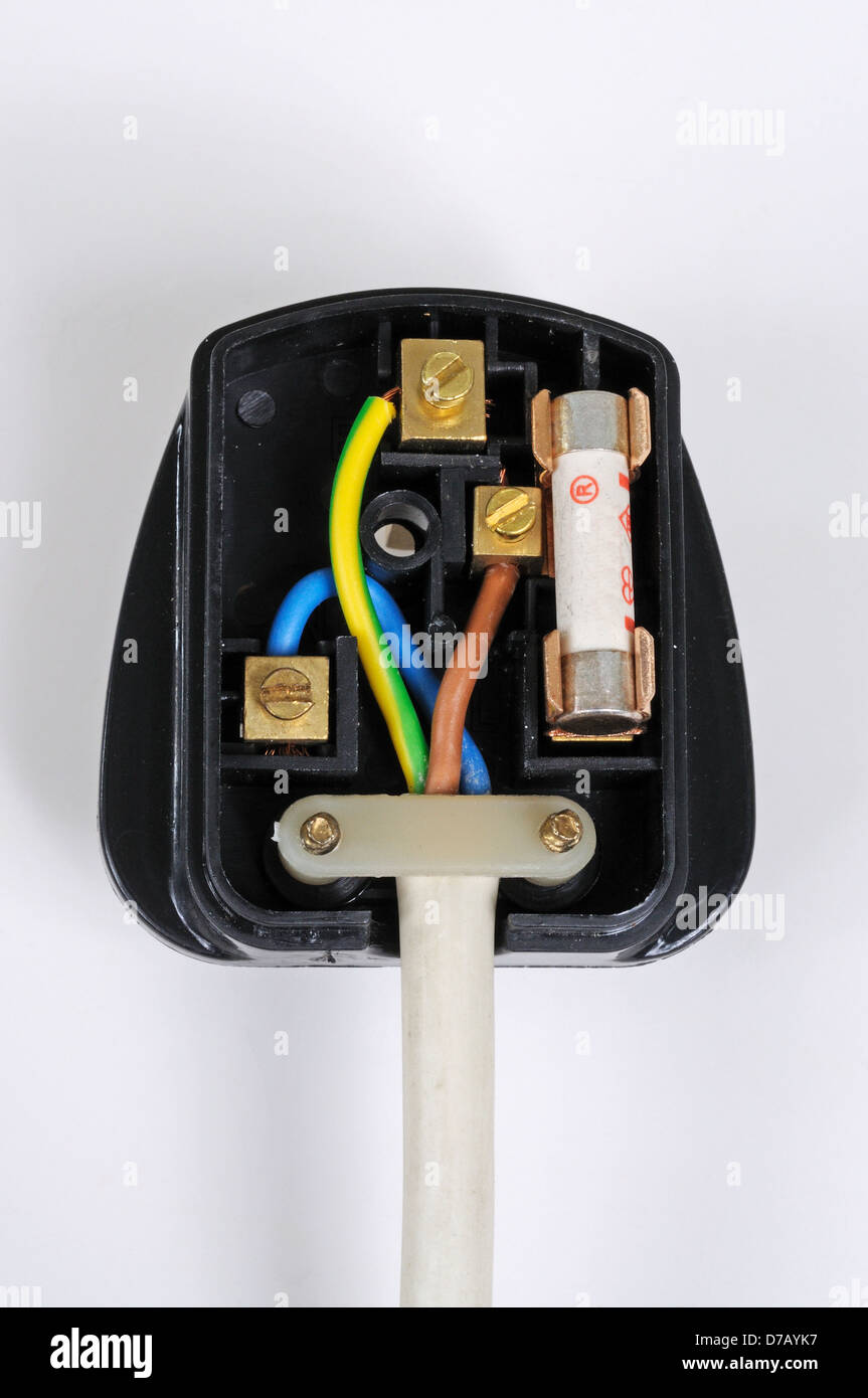 Inside an English 3 pin 13 amp plug against a white background. Stock Photo