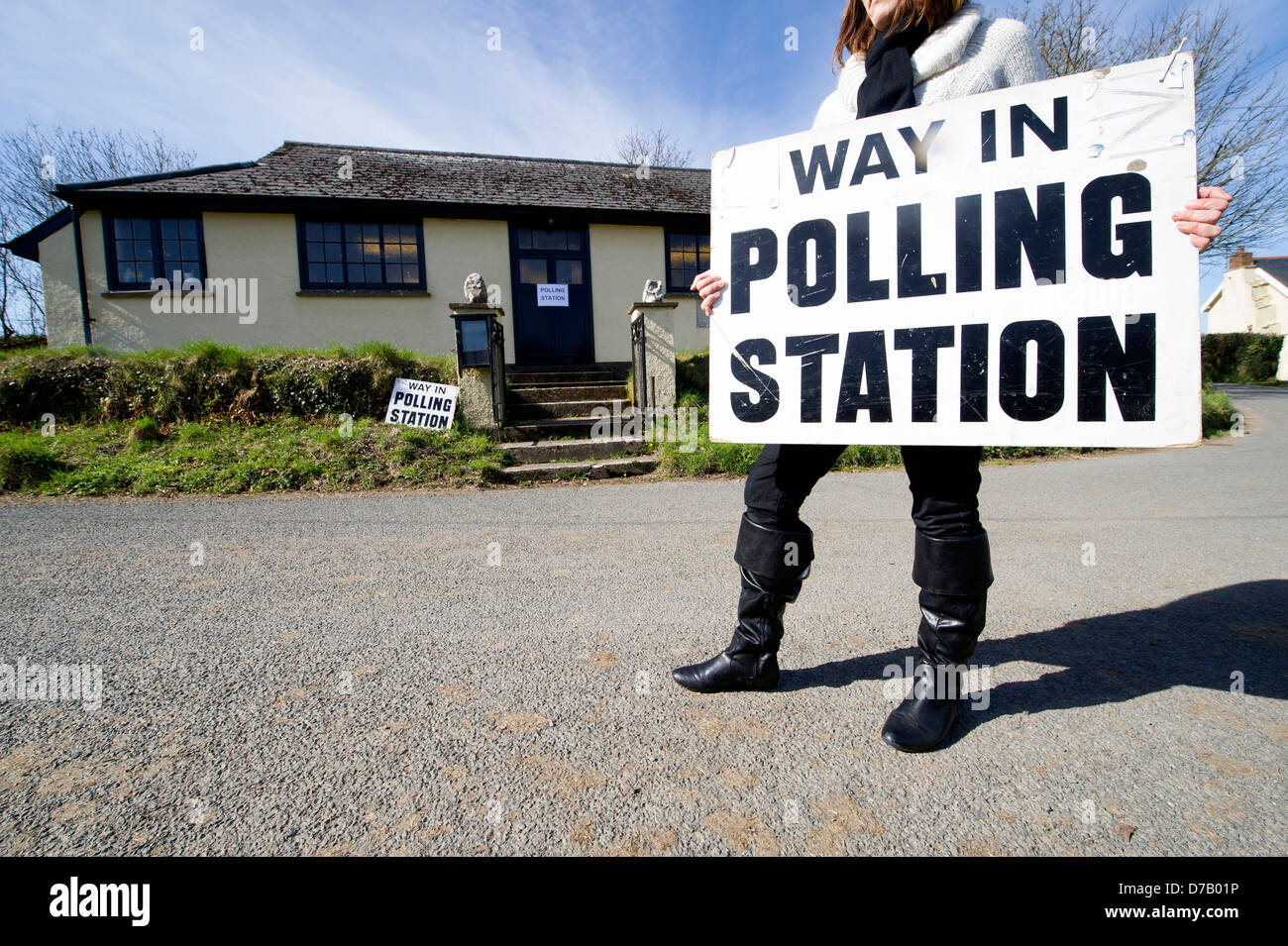 Elections May 2013 UK. Pictured is polling clerk Karen Oke outside a rural polling station in Martinhoe, Lynton, Devon. Stock Photo