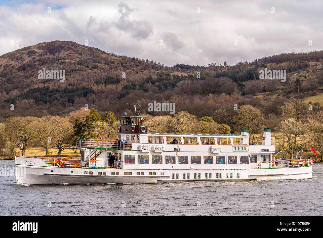Windermere steamer the Teal at Lakeside on Lake Windermere. The hill