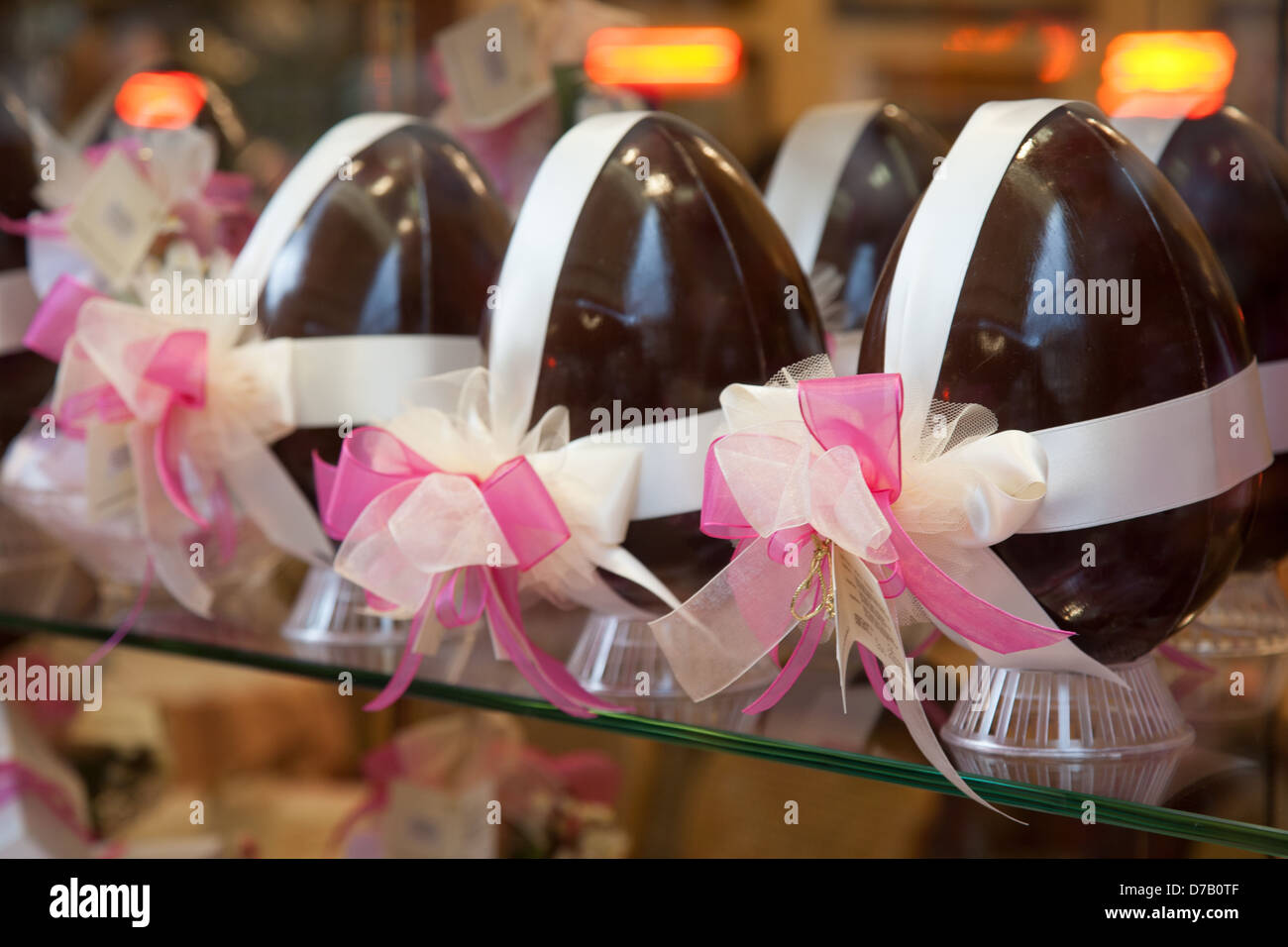 Chocolate Easter Eggs in Rivoire Cafe Window in Piazza della Signoria Square, Florence, Italy