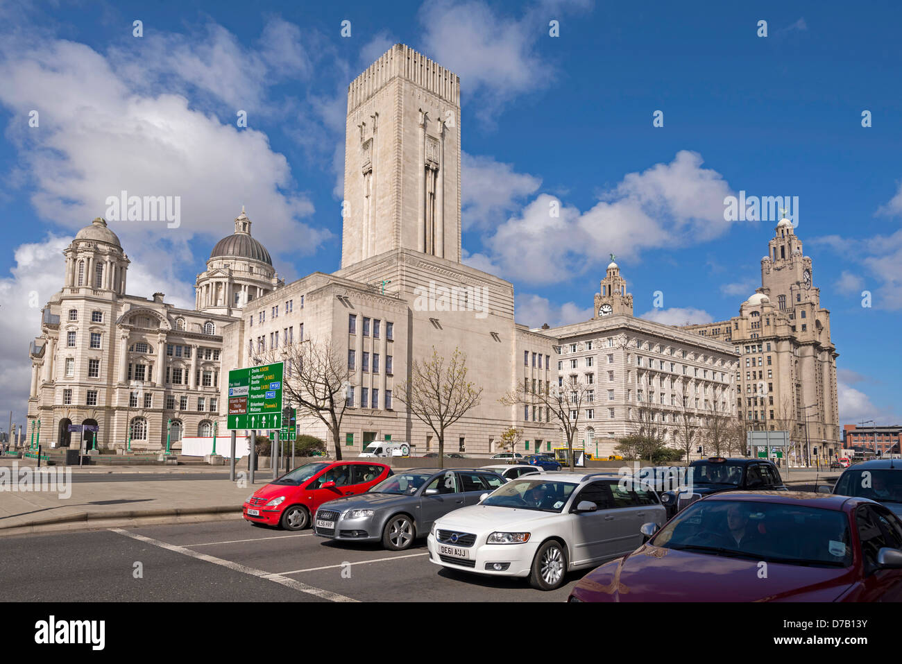 The Liverpool pierhead buildings seen from the rear on the Strand. Stock Photo