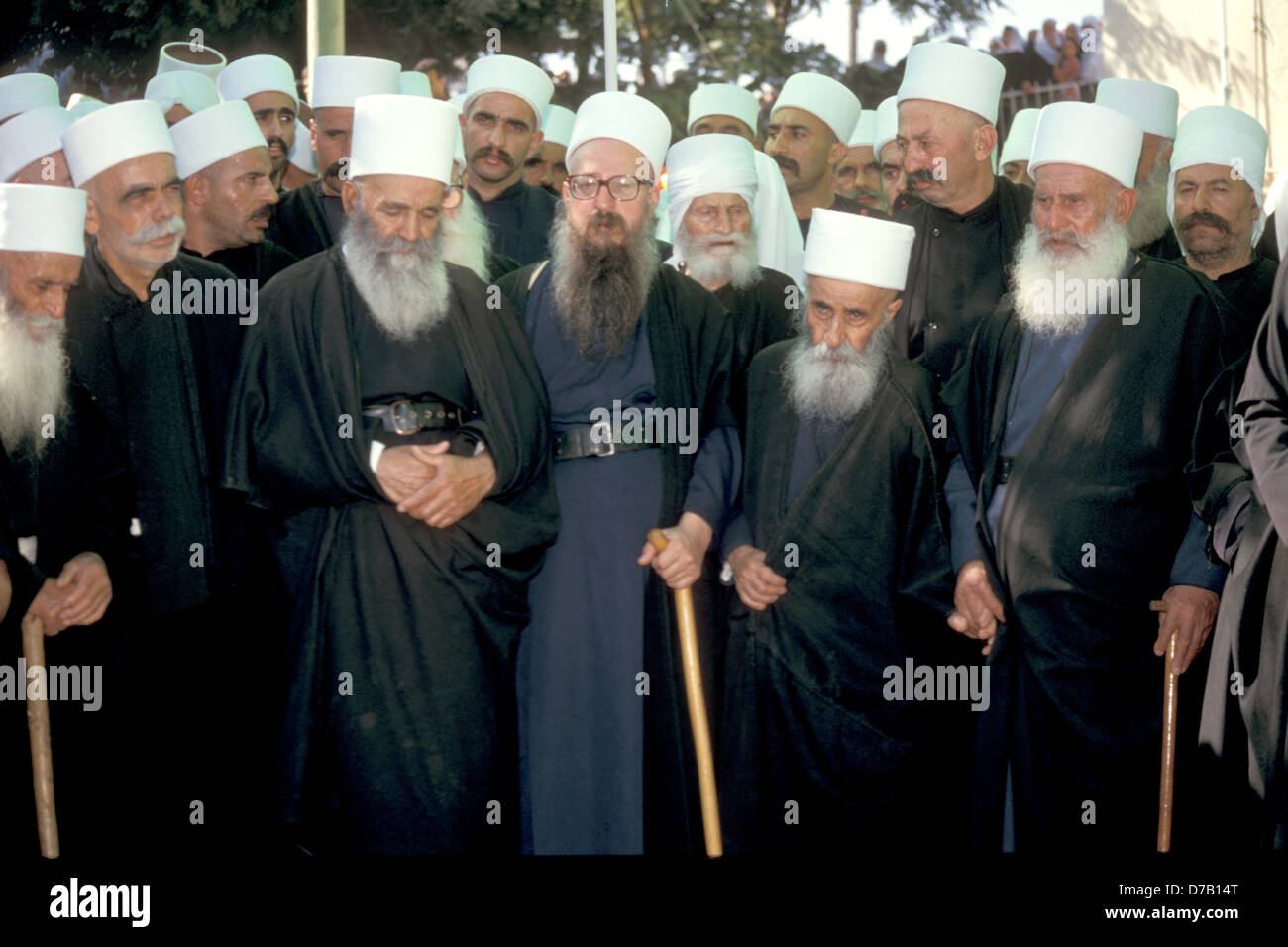 Druze men at funeral of Shikh Amin Tarif Stock Photo