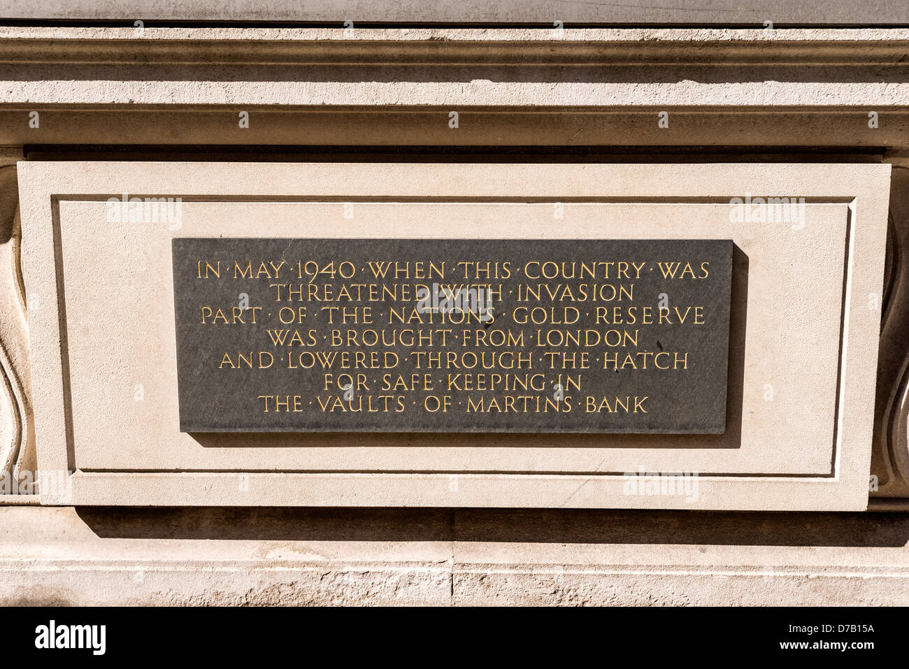 The plaque on the wall of the former Martins Bank building in Water Street Liverpool where Britain's wartime gold was stored. Stock Photo