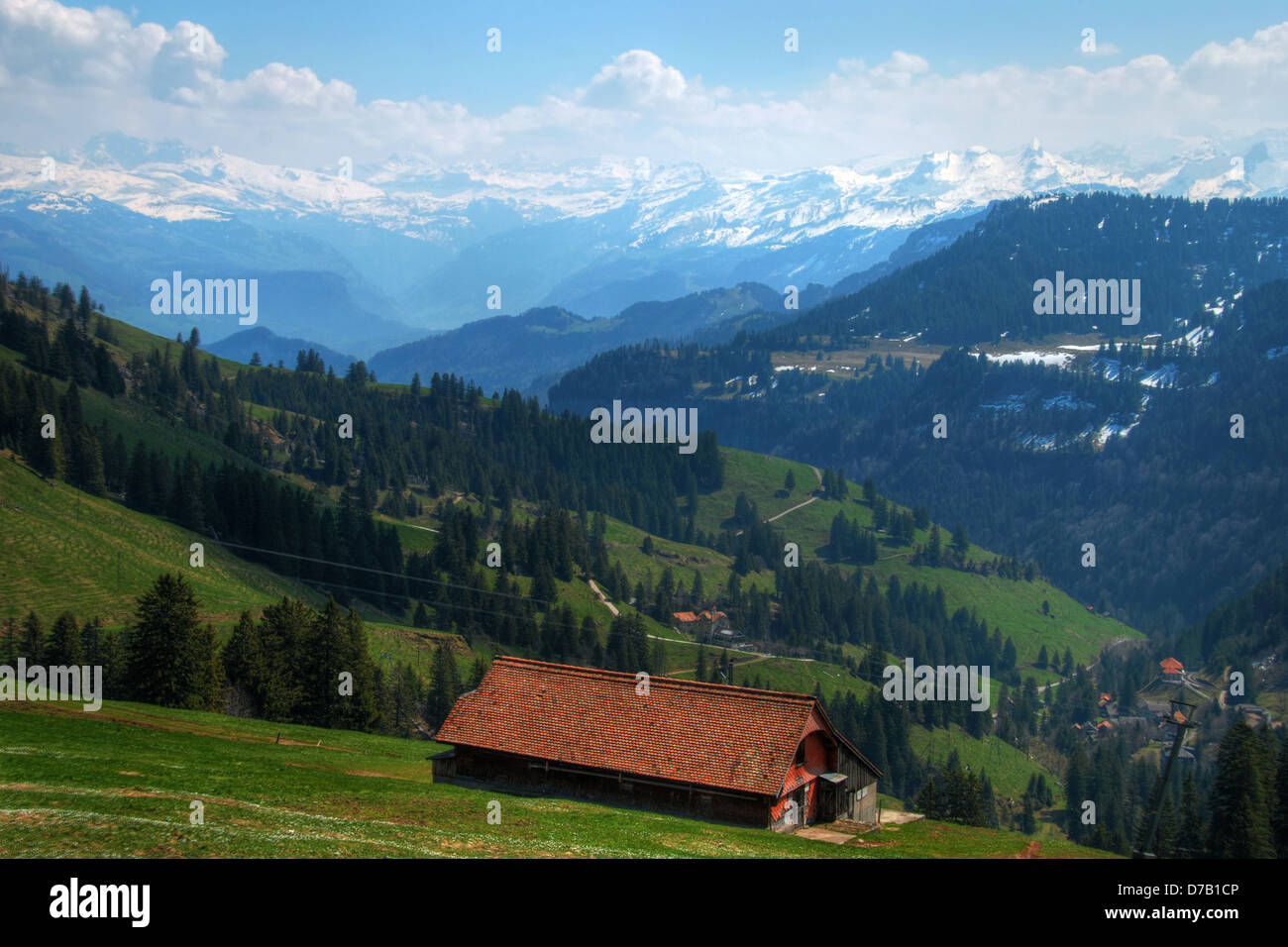 Swiss landscape from Mount Rigi, with Alps in the distance Stock Photo