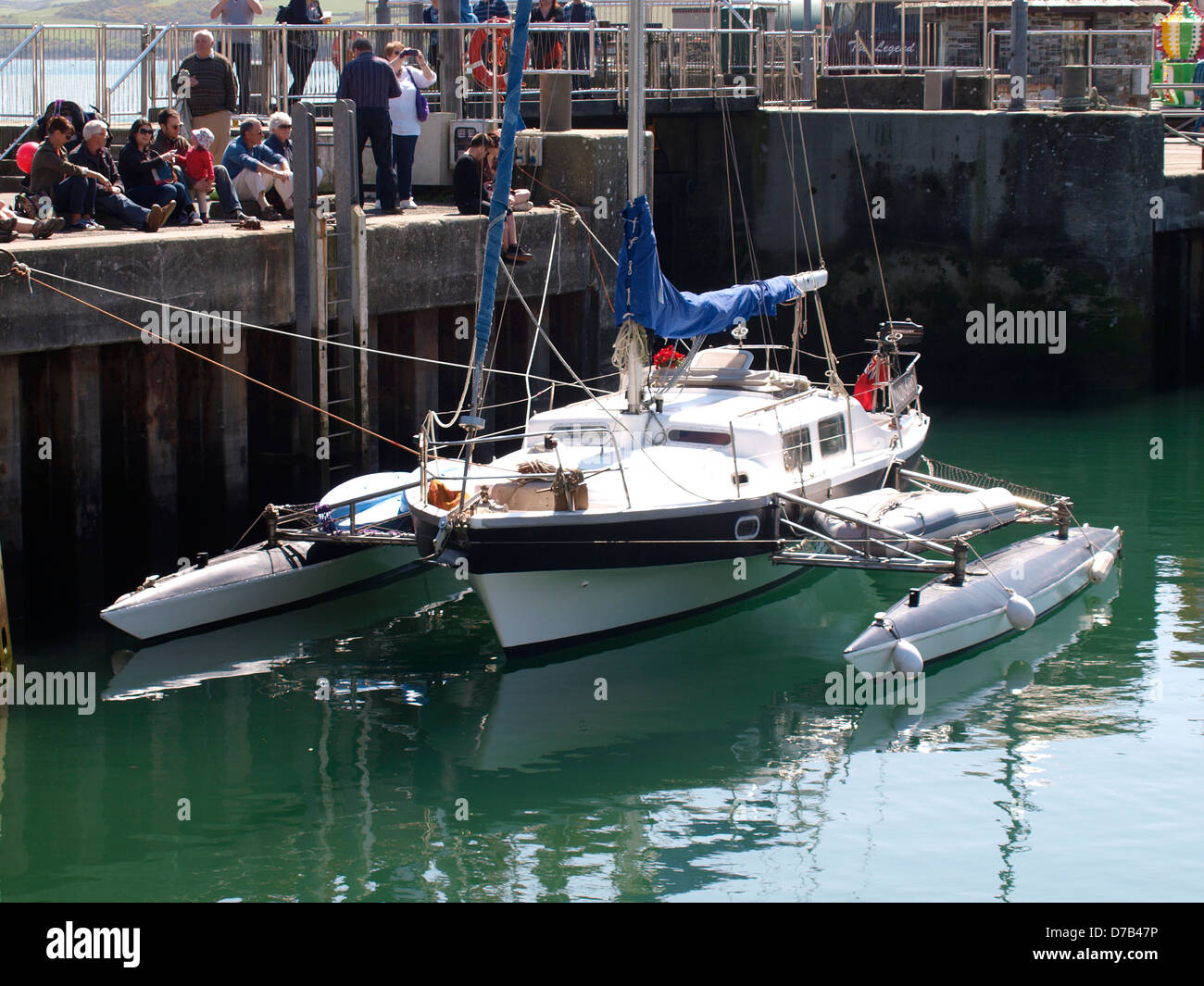 Yacht with stabilizers, Padstow, Cornwall, UK 2013 Stock Photo