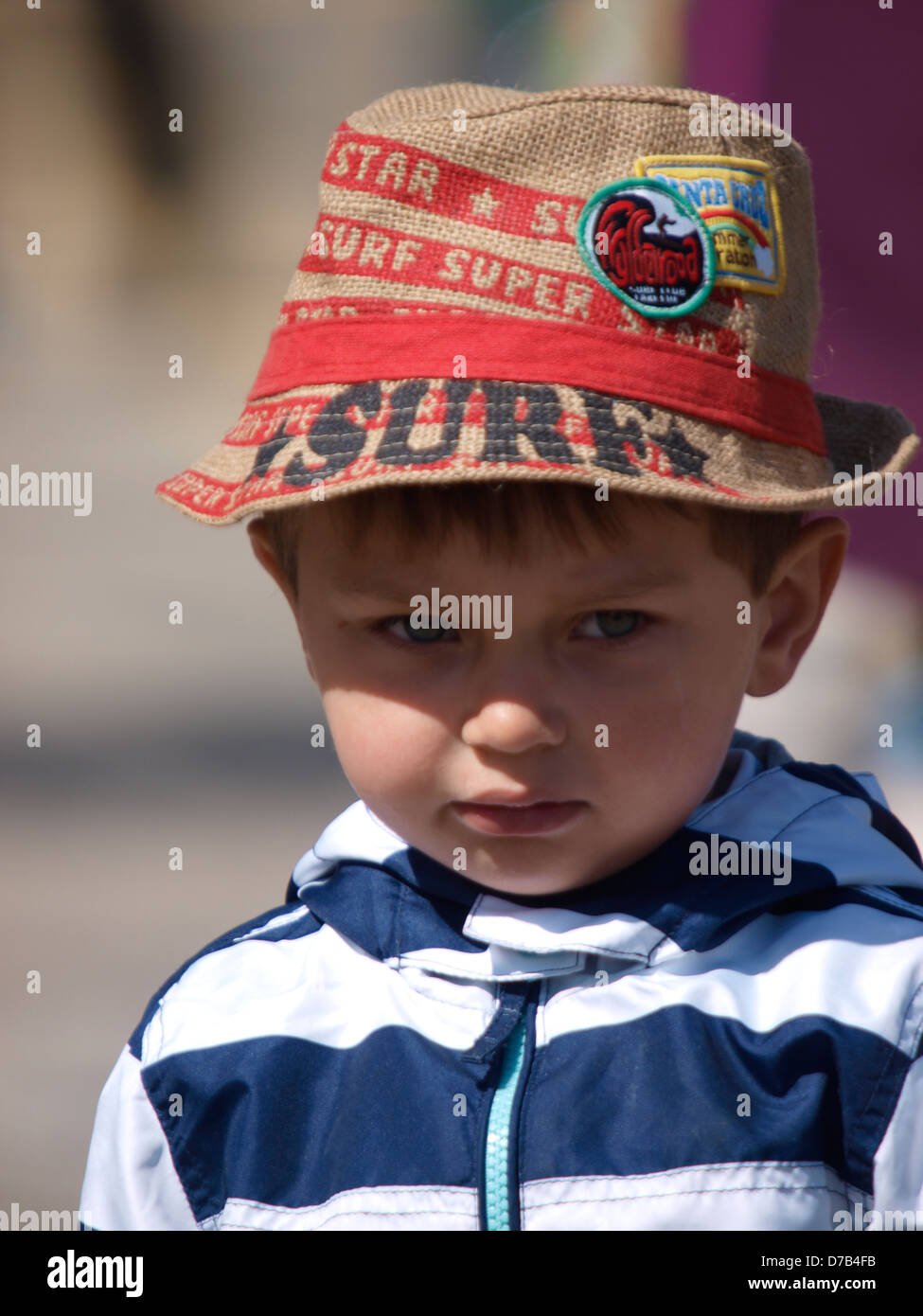 Toddler wearing a trilby type hat, UK 2013 Stock Photo