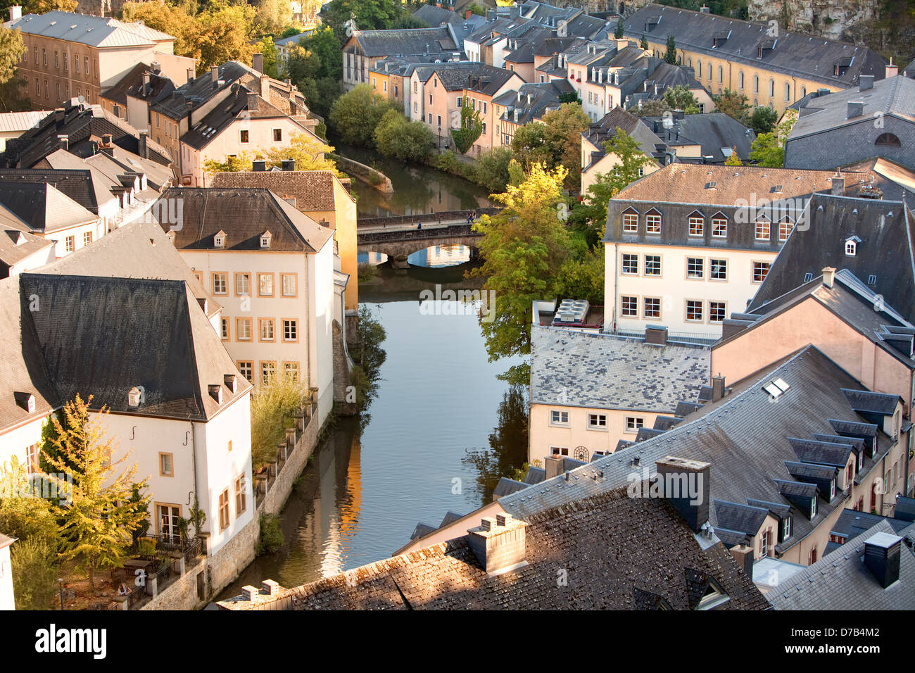 View of the houses and streets of the lower town, seen from the Corniche, Luxembourg, Europe Stock Photo